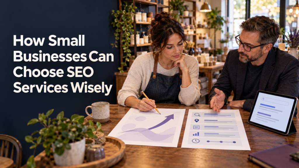 Small business owner reviewing SEO service proposals with a consultant in her shop