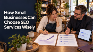 Small business owner reviewing SEO service proposals with a consultant in her shop
