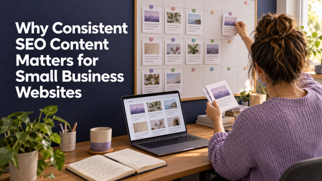 Editor placing an article draft on a content calendar beside a small business blog.