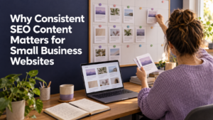 Editor placing an article draft on a content calendar beside a small business blog.