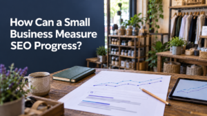 Small business owner reviewing an SEO progress chart and search performance report.