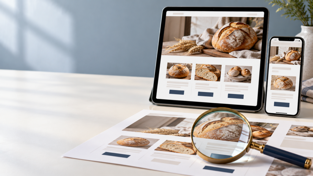 Tablet and smartphone showing matching bakery website layouts, with a magnifying glass over a printed page mockup.