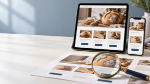 Tablet and smartphone showing matching bakery website layouts, with a magnifying glass over a printed page mockup.