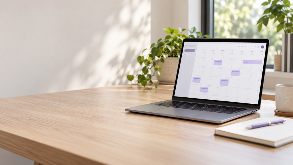 Laptop displaying a content calendar with purple scheduling blocks on a sunlit desk.