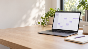 Laptop displaying a content calendar with purple scheduling blocks on a sunlit desk.