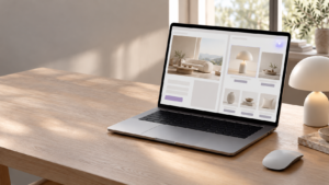 Laptop displaying an ecommerce design workspace with storefront previews and a selected lamp product image.