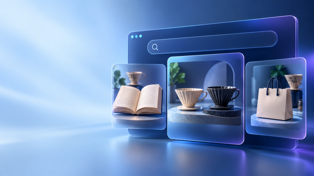 Digital search window with floating cards showing an open book, two coffee drippers, and a shopping bag.