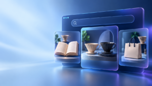 Digital search window with floating cards showing an open book, two coffee drippers, and a shopping bag.