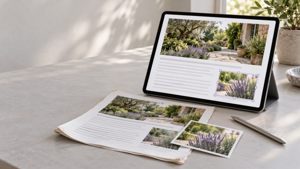 Tablet displaying a webpage with a selected garden image, beside an older printed layout and a replacement photograph.